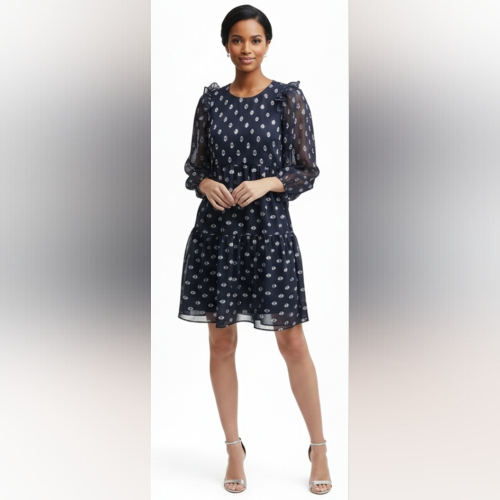Calvin Klein Navy Blue Clip-Dot Chiffon A-Line Navy Blue Dress size 6